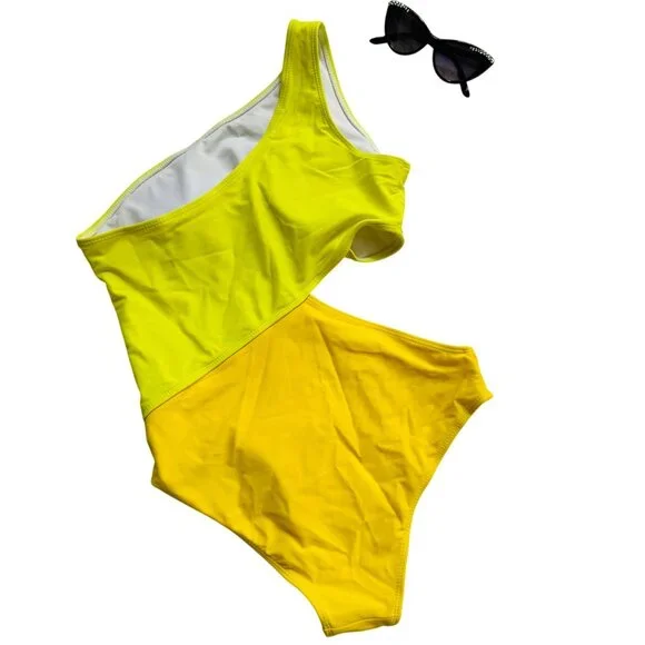 Yellow One Shoulder Cheeky One-Piece Swimsuit With Side Cut-Out Design - Picture 3 of 7